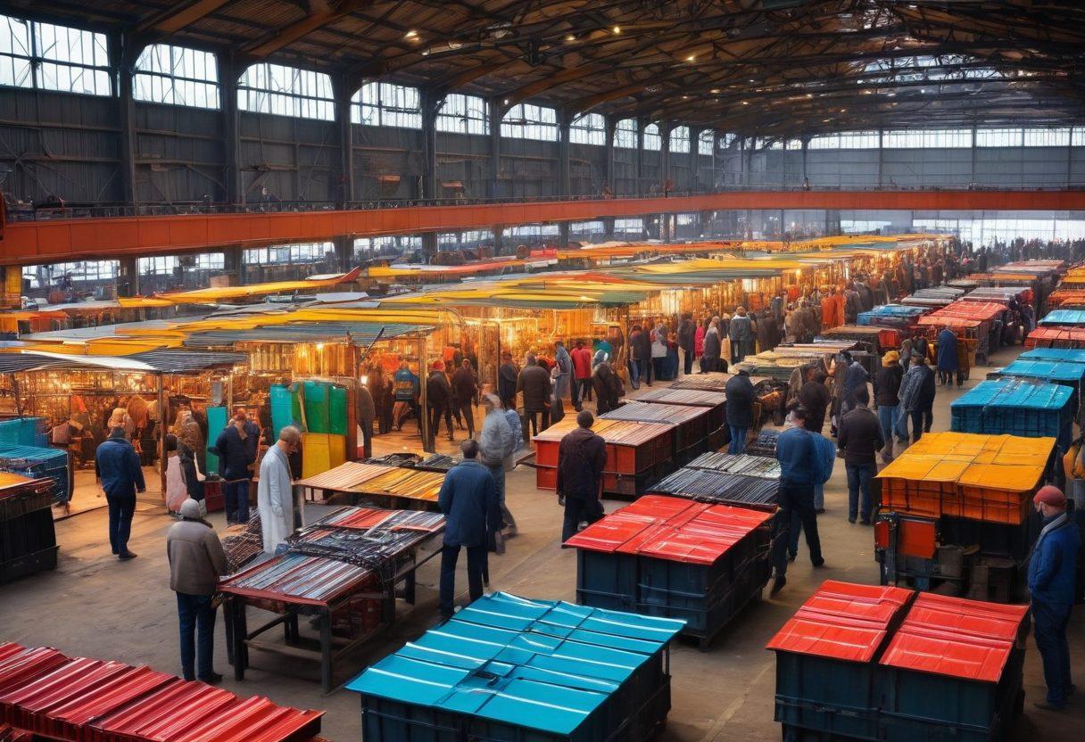A bustling steel market scene, showcasing vibrant stalls with shimmering steel products, from beams to sheets. People actively engaging in discussions, with colorful charts and graphs in the background symbolizing market trends. A warm, inviting atmosphere with hints of modern technology integrated into the environment. super-realistic. vibrant colors. dynamic composition.