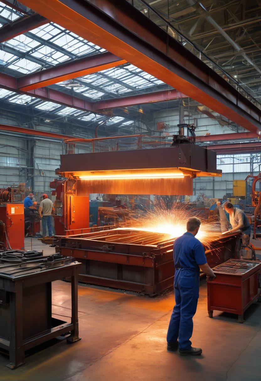 An industrial workshop showcasing the process of metal fabrication, with skilled workers handling various machinery and tools. Include steel beams, sparks flying, and vibrant colors reflecting the metallic surfaces. In the background, a banner displaying 'Lexington Steel' with articles inspiring industrial insights. Weave in elements of metallurgy like molten metal and samples of metal alloys. super-realistic. vibrant colors. industrial style.