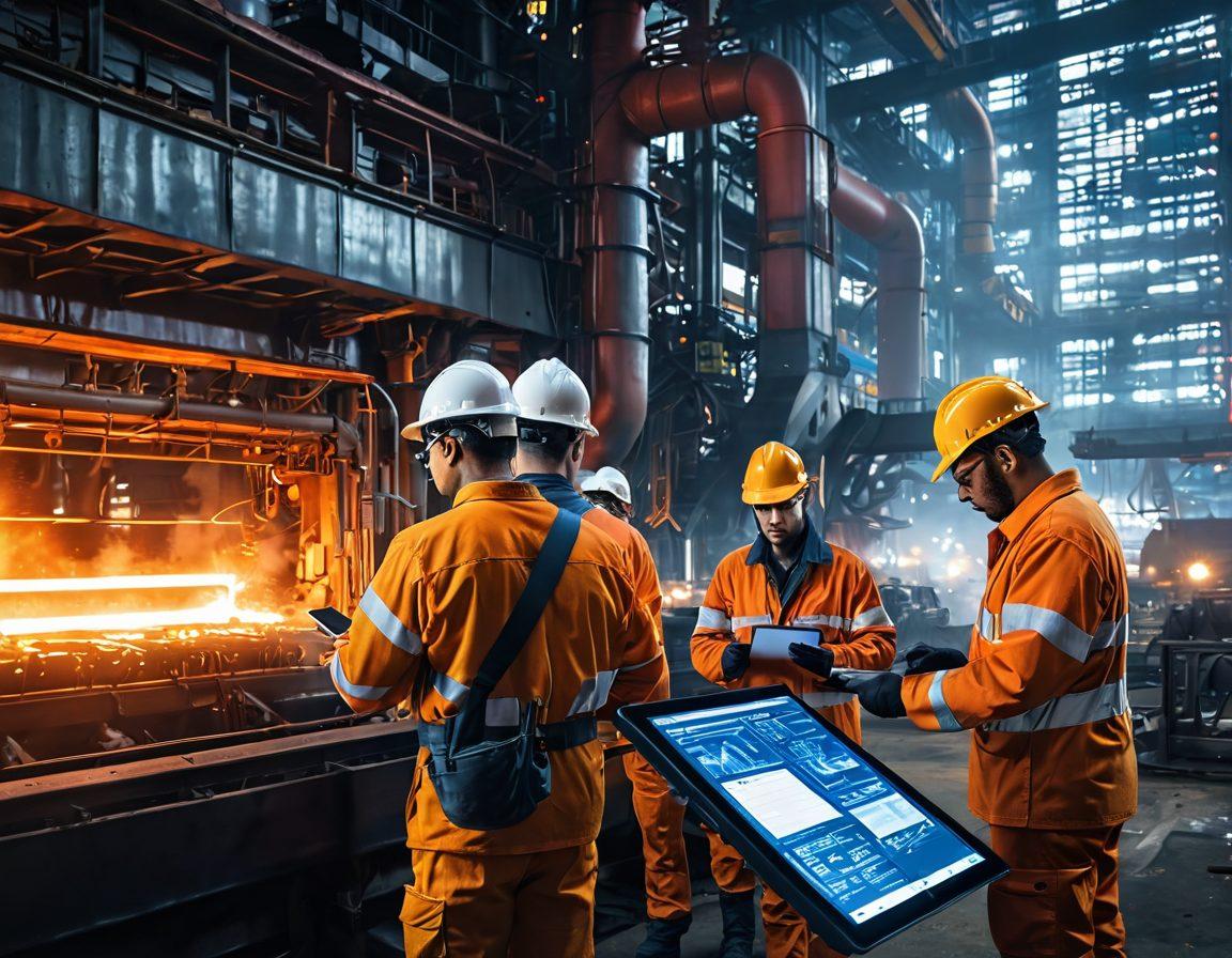 A dynamic scene showcasing a bustling steel mill with glowing furnaces and workers in safety gear, featuring steel beams being forged and transported. In the foreground, a digital tablet displays blog posts highlighting insights and trends, surrounded by steel industry visuals like blueprints and graphs. The background transitions into a modern urban skyline representing innovation in the steel sector. cyberpunk. vibrant colors. super-realistic.